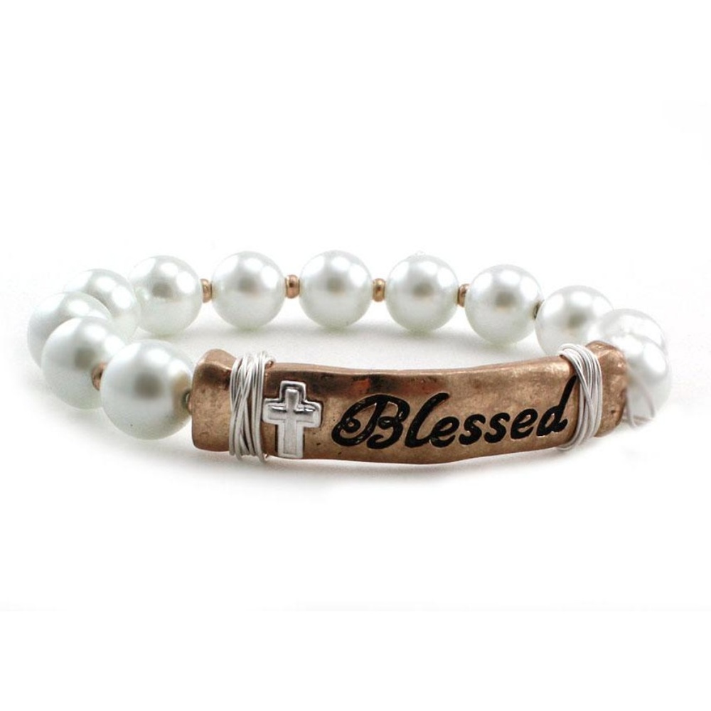 PEARL & MESSAGE BAR BRACELET - BLESSED